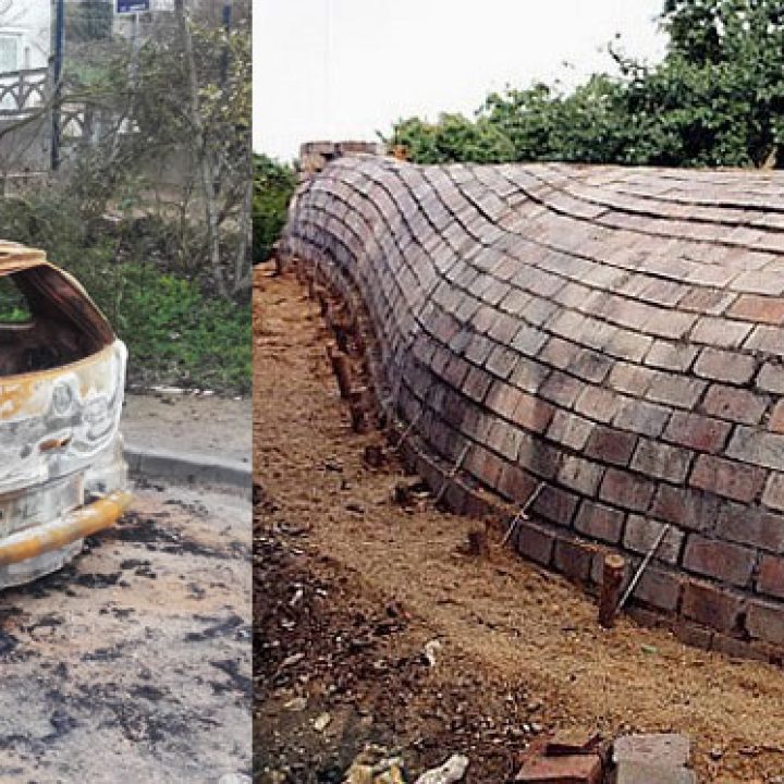 capot de voiture br&ucirc;l&eacute;e &mdash; voiture br&ucirc;l&eacute;e sur le parking des marronniers &agrave; Cosne-sur-Loire &mdash; structure en brique d&rsquo;un four anagama