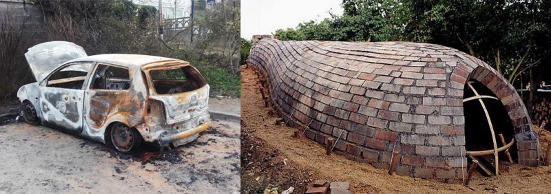 capot de voiture br&ucirc;l&eacute;e &mdash; voiture br&ucirc;l&eacute;e sur le parking des marronniers &agrave; Cosne-sur-Loire &mdash; structure en brique d&rsquo;un four anagama