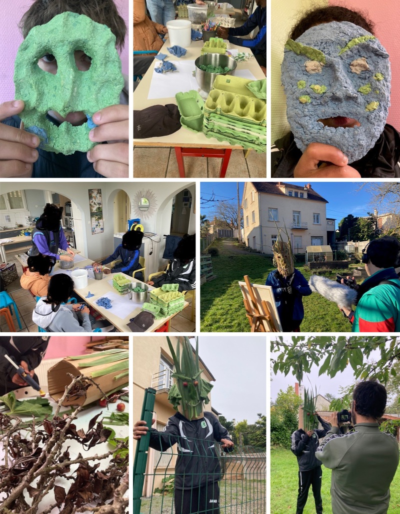premiers essais de masque &agrave; partir de bo&icirc;tes d'&oelig;ufs / confection des masques v&eacute;g&eacute;taux / tournage / cr&eacute;dit photo : C&eacute;line G&acirc;t&eacute; Piaut